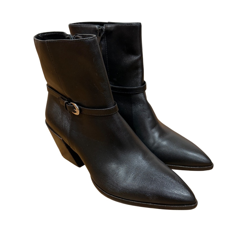 Staud Austen Black Leather Block Heel Ankle Bootie Pointed Toe Buckle 38.5 8.5